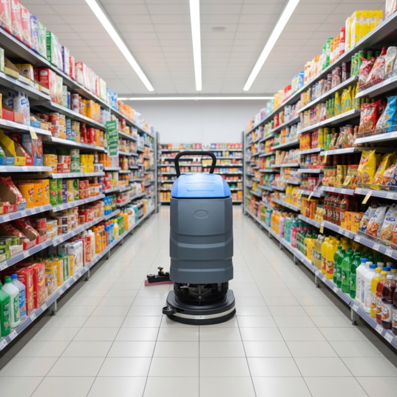 Industrial Scrubber in Supermarket Aisle