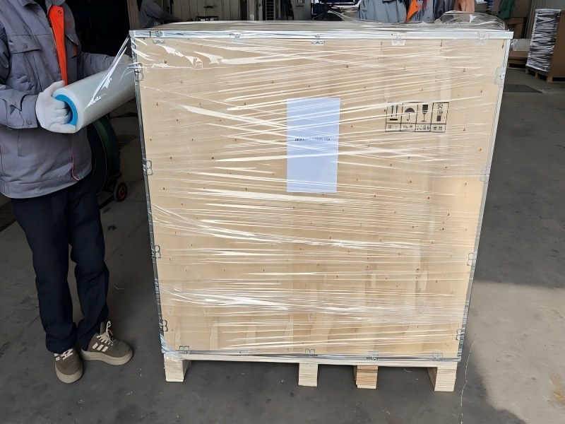 Floor scrubber packed in wooden crate